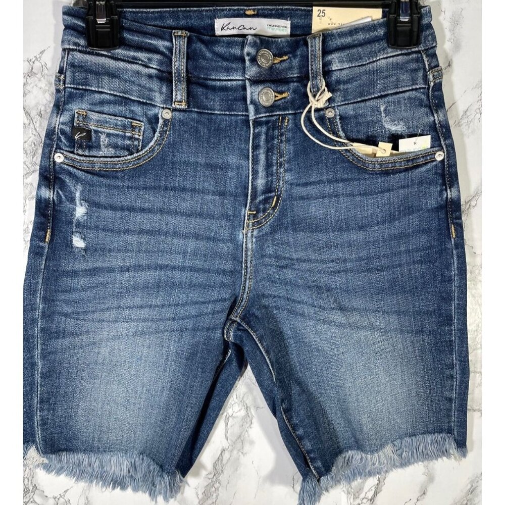 KanCan Womens Denim High Rise Bermuda Shorts Size 25 waist Distressed Frayed Hem